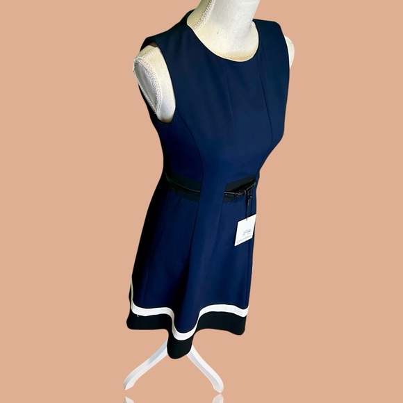 NWT Calvin Klein Fit & Flare Colorblock Belted Dress in Navy Blue & Black Stripe - Picture 15 of 16